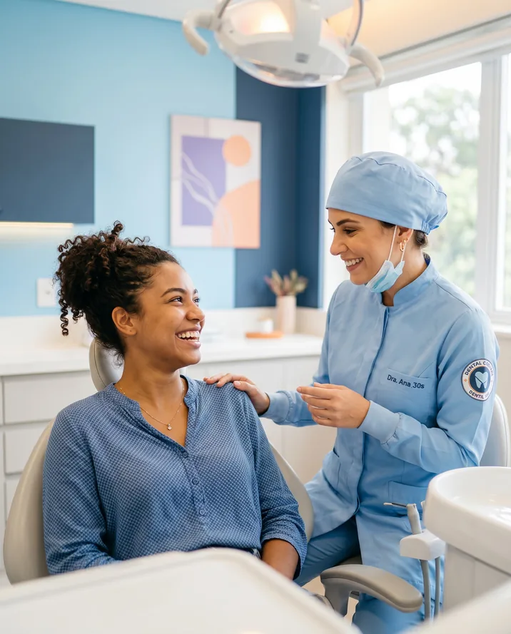 Dentista atendendo paciente em consultório